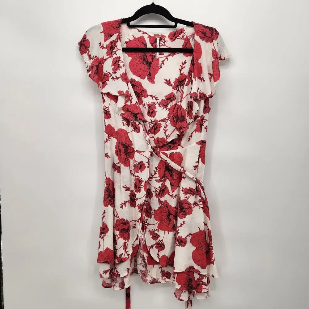 Free People Pink & Ivory V-Neck Ruffled French Quarter Wrap Mini Dress Women's S